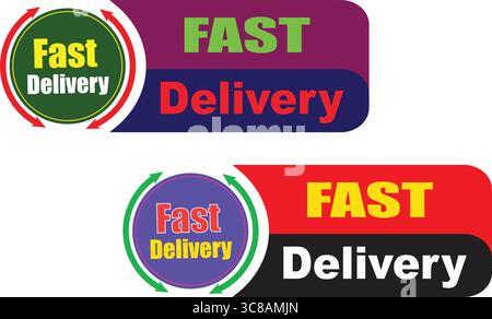 Fast delivery badge and service label composition with vivid circular logo and vehicle icon design illustration Stock Vector