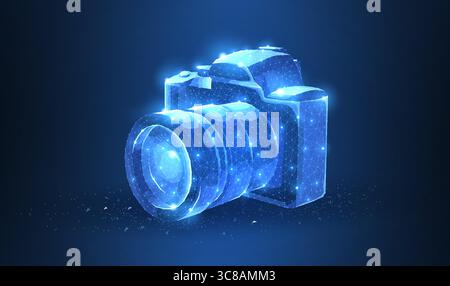 Camera. Abstract 3d polygonal wireframe modern professional camera isolated on blue. Stock Vector