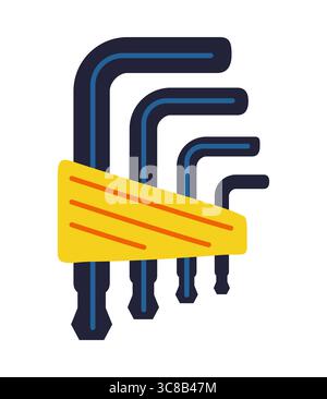 Hex allen wrench key set stylized cartoon vector illustration. Classic hex wrench repair tool builder mechanic, plumber. Construction mechanical maintain metal tool sign professional Stock Vector