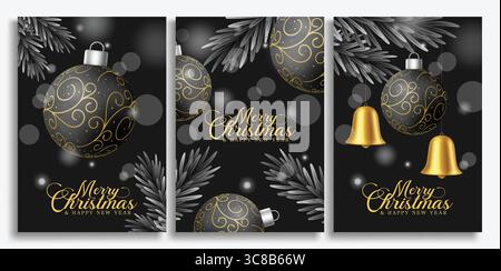 Merry Christmas greeting card poster set. Christmas card template clip art with hanging xmas balls, pine tree leaves and bell decoration elements Stock Vector