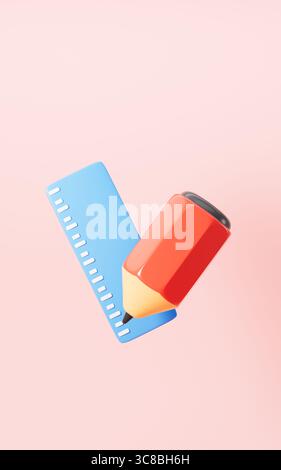 Cartoon pencil and ruler in the pink background, 3d rendering. 3d illustration. Stock Photo