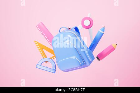 Cartoon schoolbag and rulers, pen, pencil, compasses and so on learning stationery, 3d rendering. 3d illustration. Stock Photo