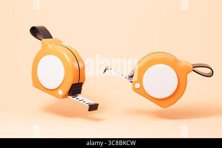 Cartoon tape measure isolated in the yellow background, 3d rendering. 3d illustration. Stock Photo