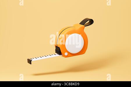 Cartoon tape measure isolated in the yellow background, 3d rendering. 3d illustration. Stock Photo