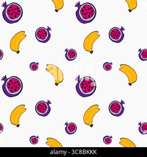 Colorful fruit pattern featuring bananas and pomegranates on a white background Stock Vector