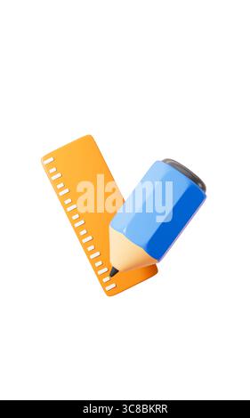 Cartoon pencil and ruler in the white background, 3d rendering. 3d illustration. Stock Photo