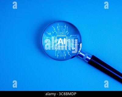 AI agent, data analytics, efficiency searching tools, machine learning and deep learning, advance solutions technology concept. AI chip in magnifying Stock Photo