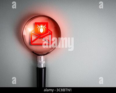 System bug tracking, malware or phishing, spam and virus attack, internet security concept. Spider on red opened envelope icon focused in magnifying g Stock Photo