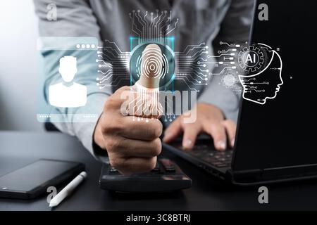 Businessman using fingerprint biometric authentication system with artificial intelligence for identity verification. Concept of cybersecurity, digita Stock Photo