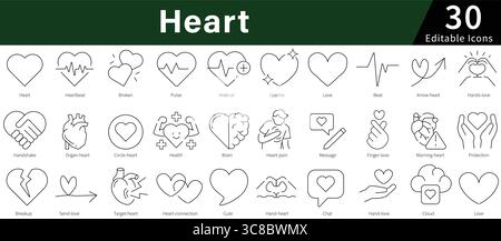 Heart Editable Line Icons Set for Love, Romance, Health, and Emotional Expression Stock Vector