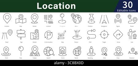 Location Editable Line Icons Set for Map, Navigation, GPS, and Geographic Positioning Stock Vector