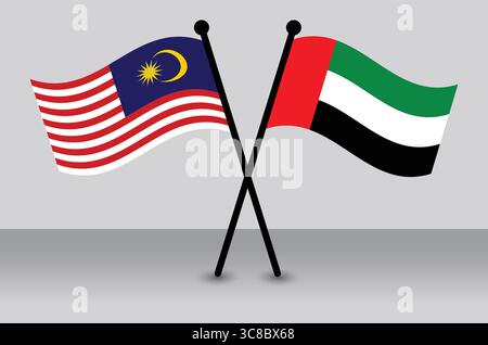 Crossed flags of Malaysia and the UAE, representing international relations. Stock Vector