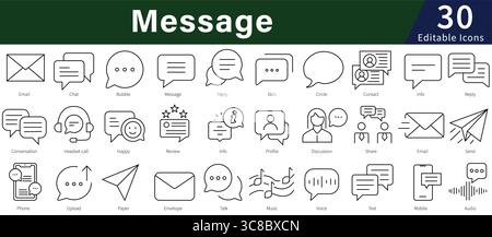Message Editable Line Icons Set for Communication, Chat, Email, and Text Messaging Stock Vector