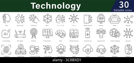 Technology Editable Line Icons Set for Digital, Innovation, Science, and Modern Computing Stock Vector