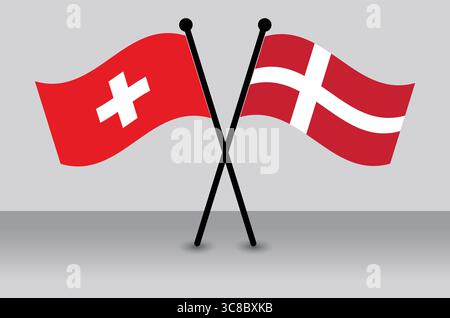 Crossed Swiss and Danish Flags Illustrate Diplomatic Relations. Stock Vector