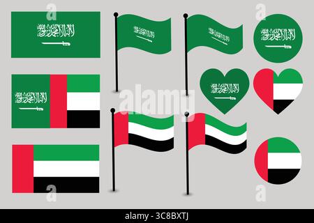 Collection of Saudi Arabia and UAE Flags in Various Designs. Stock Vector