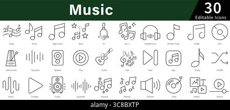Music Editable Line Icons Set for Audio, Sound, Entertainment, and Musical Instruments Stock Vector
