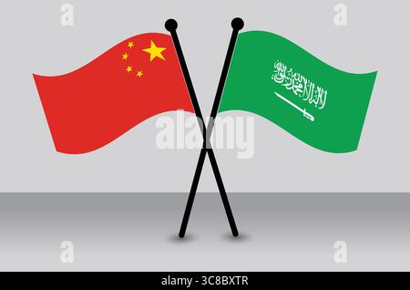 China and Saudi Arabia Flags Crossed: Representing Diplomatic Relations. Stock Vector