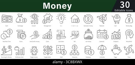 Money Editable Line Icons Set for Finance, Currency, Banking, and Financial Management Stock Vector
