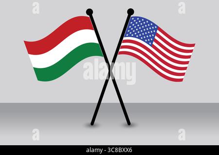Crossed Flags of Hungary and the USA, Illustrative of Partnership. Stock Vector