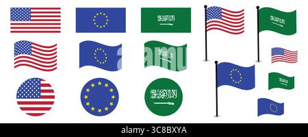 Flags of the USA, EU, and Saudi Arabia in various styles. Stock Vector