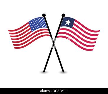 American and Liberian Flags Crossed, Symbol of Cooperation. Stock Vector