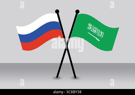Russia and Saudi Arabia Flags Crossed, Representing Diplomacy. Stock Vector