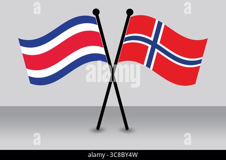 Crossed flags of Costa Rica and Norway, diplomatic relations. Stock Vector