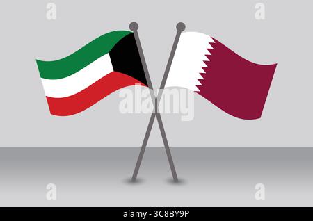 Crossed Flags of Kuwait and Qatar, Representing Diplomacy. Stock Vector