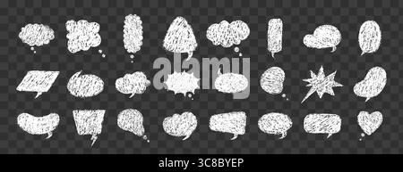 Crayon speech bubbles with grunge texture. Isolated cartoon frames for comics or handwritten dialogues. Childish Vector illustration on dark Stock Vector