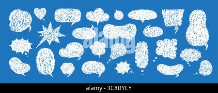 Balloon speech crayons. Vector Speech Bubble Collection with Crayon Texture. White Retro chatting or message boxes on blue background Stock Vector