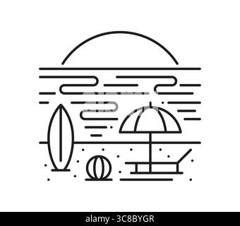 Landscape line icon of sea beach with sunbed, umbrella and sun over water waves, vector symbol. Landscape line icon of summer vacations and travel, surfboard and beach ball on sand at ocean resort Stock Vector