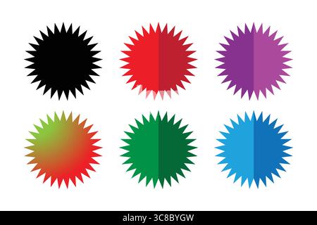 Six colorful starburst shapes on white background. Stock Vector