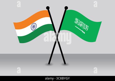 Crossed Indian and Saudi Arabian Flags Illustrate Diplomatic Relations. Stock Vector