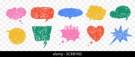 Balloon speech crayons. Retro speech bubble collection. Vector set with crayon texture. Comic communication frame with grunge effects Stock Vector