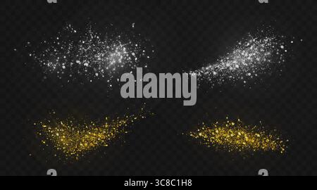 Glowing dust particles explosion with shimmer effect - bright white sparkles burst, golden powder clouds on black background for overlay design, magical light elements and luxury decoration graphics. Stock Vector