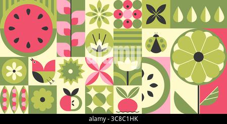 Bauhaus plant mosaic with geometric fruit patterns - watermelon slices, apples and berries with stylized flowers, leaves and ladybug icons. Pink and green color retro botanical tiles for summer design Stock Vector