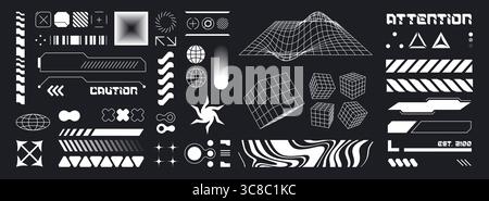 Cyberpunk HUD design elements in white on black - futuristic interface kit with grid wireframes, geometric shapes, digital patterns and tech symbols. Sci fi UI components. Data bars for game screens. Stock Vector