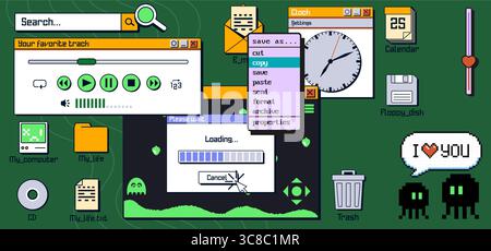 Retro y2k computer desktop interface - nostalgic internet windows of music player, clock widget, loading bars and pixelated icons for vintage web aesthetic, digital collage and millennium era design Stock Vector