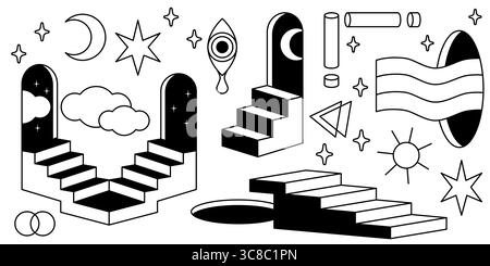 Surreal cosmic elements with mystical door portals - archways, floating stairs, clouds and stars, crescent moon, geometric shapes and rainbow waves, eye with tear drop symbol for dreamlike design Stock Vector