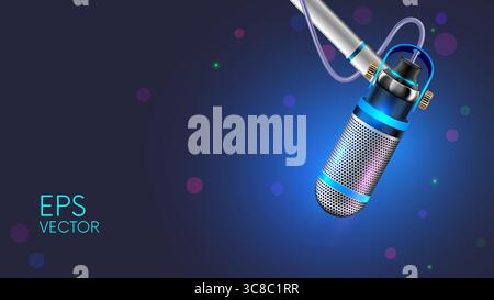 Microphone for Internet streaming and podcasts close-up on a dark background. Microphone for bloggers and journalists on a neon-illuminated bracket Stock Vector