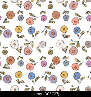 Ditsy floral seamless pattern on white background. Hand drawn vintage backdrop with tiny flowers. Cottagecore texture Stock Vector