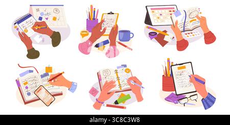 Set of planning and work organizing clipart. Vector office management and school timetable. Todo list and reminder note, diary and planner page, memo and personal journal with tablet and smartphone. Stock Vector