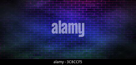 Panoramic Brick Wall With a Neon Lighting. Mystical Background Stock Vector