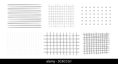 Graph crayon hand drawn textured set square grid for note, geometric line texture. Collection Crayon or pencil stripes, dots for bullet journal pages. Vector illustration Stock Vector