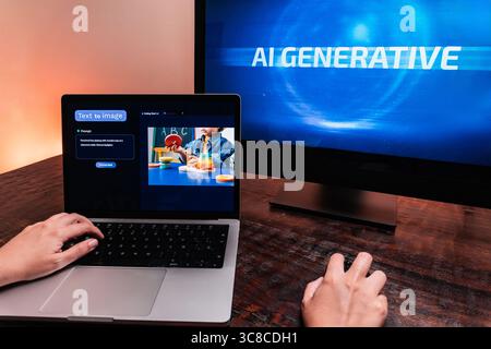 Woman using generative AI chat app on laptop at home office – Digital technology trend Stock Photo