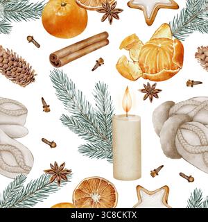 Seamless pattern with fir branches, candle, tangerines, mittens, cones, spices, and cookies. Watercolor illustration on white background. Perfect for Stock Photo