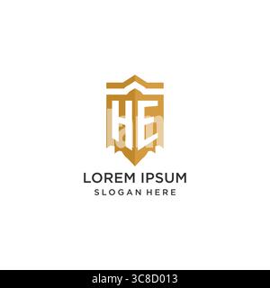 Monogram HE logo with shield geometric shape, elegant luxury initial logo design vector graphic Stock Vector