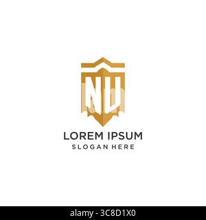 Monogram NU logo with shield geometric shape, elegant luxury initial logo design vector graphic Stock Vector