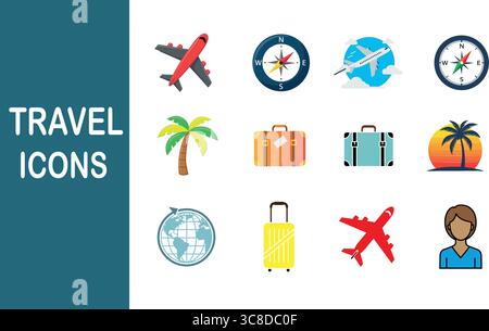 Dynamic travel icons featuring airplanes, suitcases, compasses, and globes for your next adventure Stock Vector